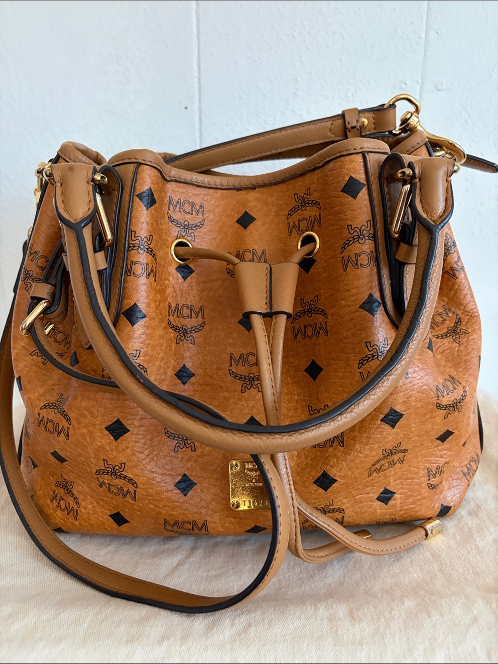 MCM Cognac Visetos Logo Drawstring Crossbody/Shoulder Bag